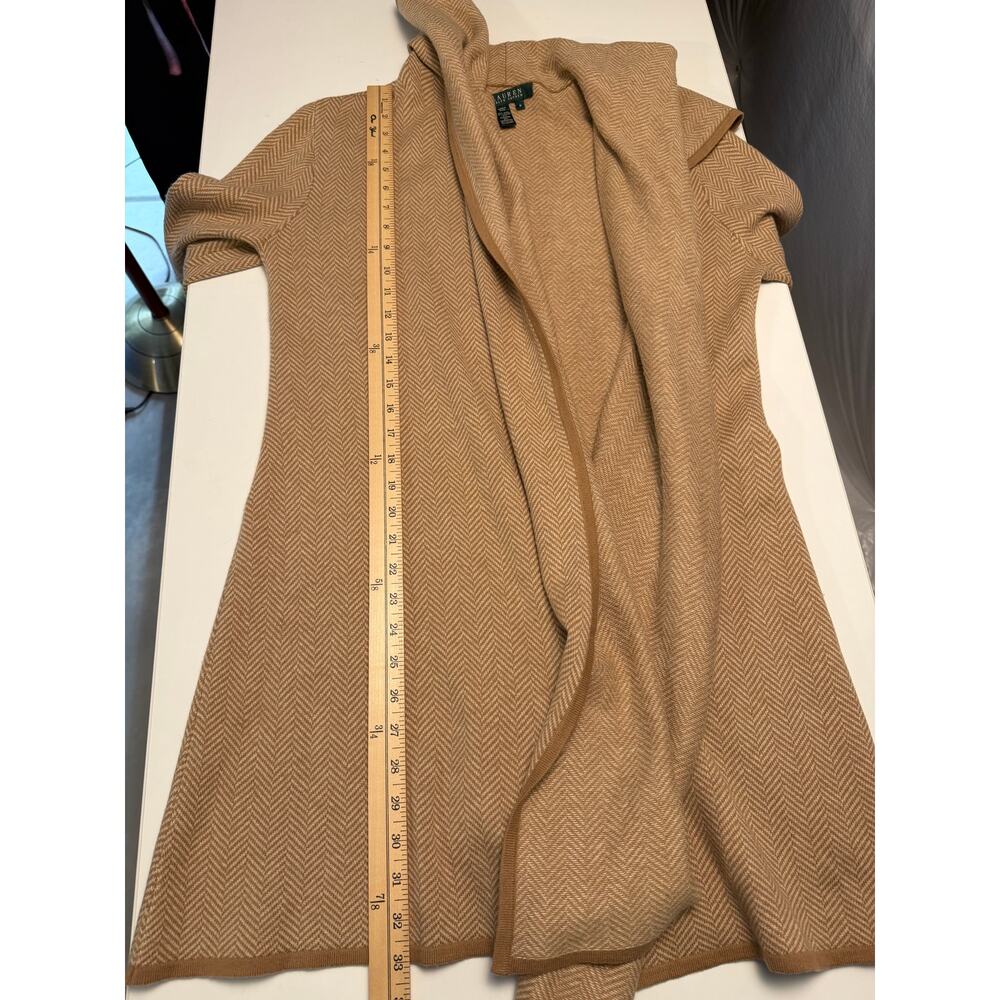 Ralph Lauren Womens M Open Cardigan Sweater Wool Cashmere Herringbone Tan - Picture 4 of 9